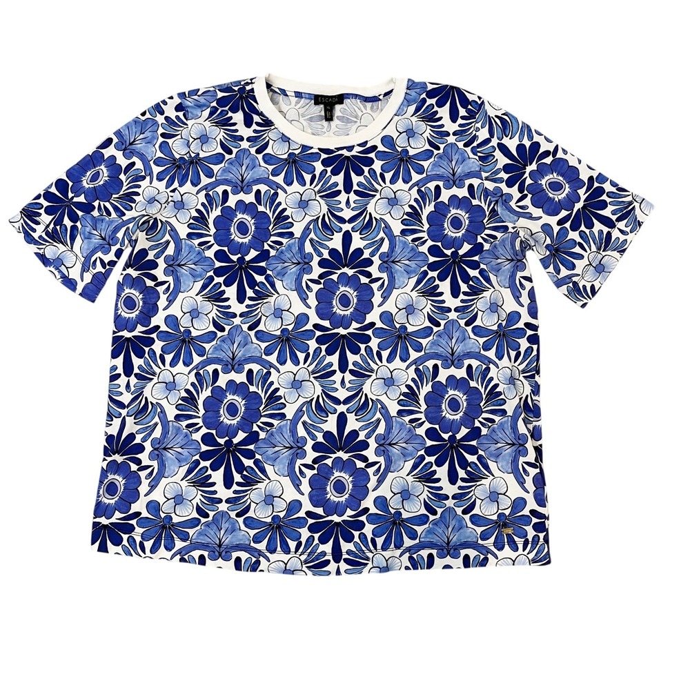 Escada Blue White Floral Print Cotton T-Shirt Mediterranean Crewneck Artsy Sz XL